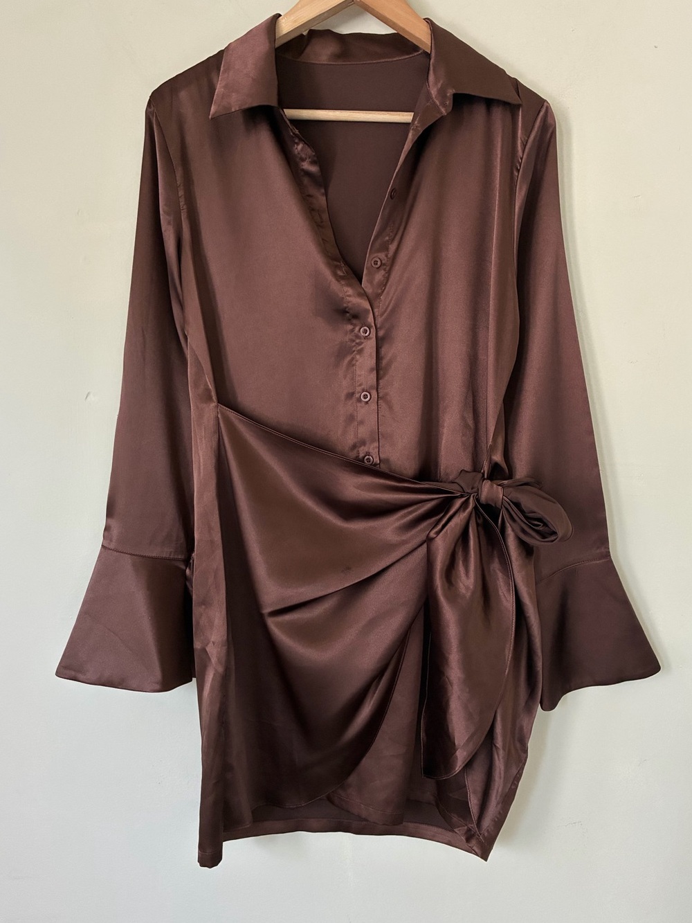 SheseeWorld Brown Satin Wrap Shirt Mini Dress Long Flare Sleeve Small